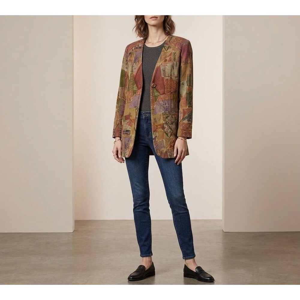 Vintage Carlo Moda Tapestry Jacket Blazer Womens Size 10 Patchwork Abstract Art